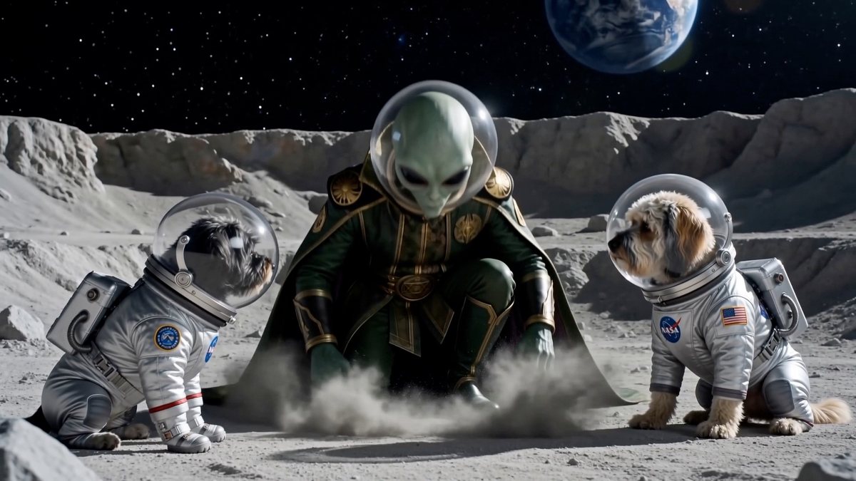 Marley and Bertie meeting an alien commander on the moon