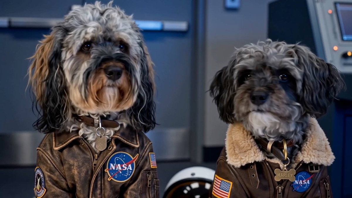 Marley and Bertie in NASA flight jackets aboard a spacecraft