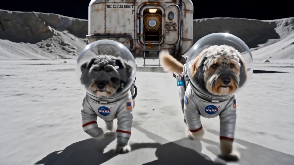 Marley and Bertie walking across the lunar surface in spacesuits