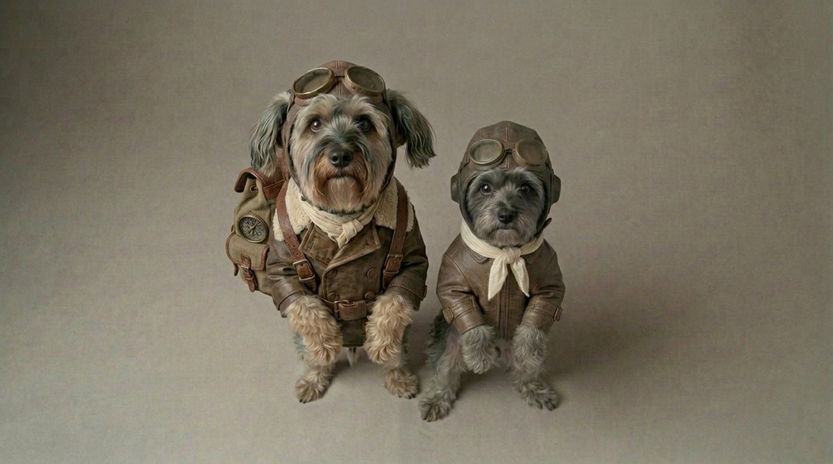 Studio portrait of Marley and Bertie in RFC flying jackets