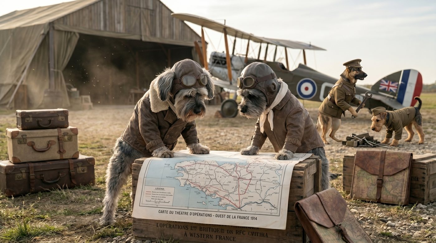 Marley and Bertie in pilot gear studying a map of the Western Front, with a biplane and ground crew behind them