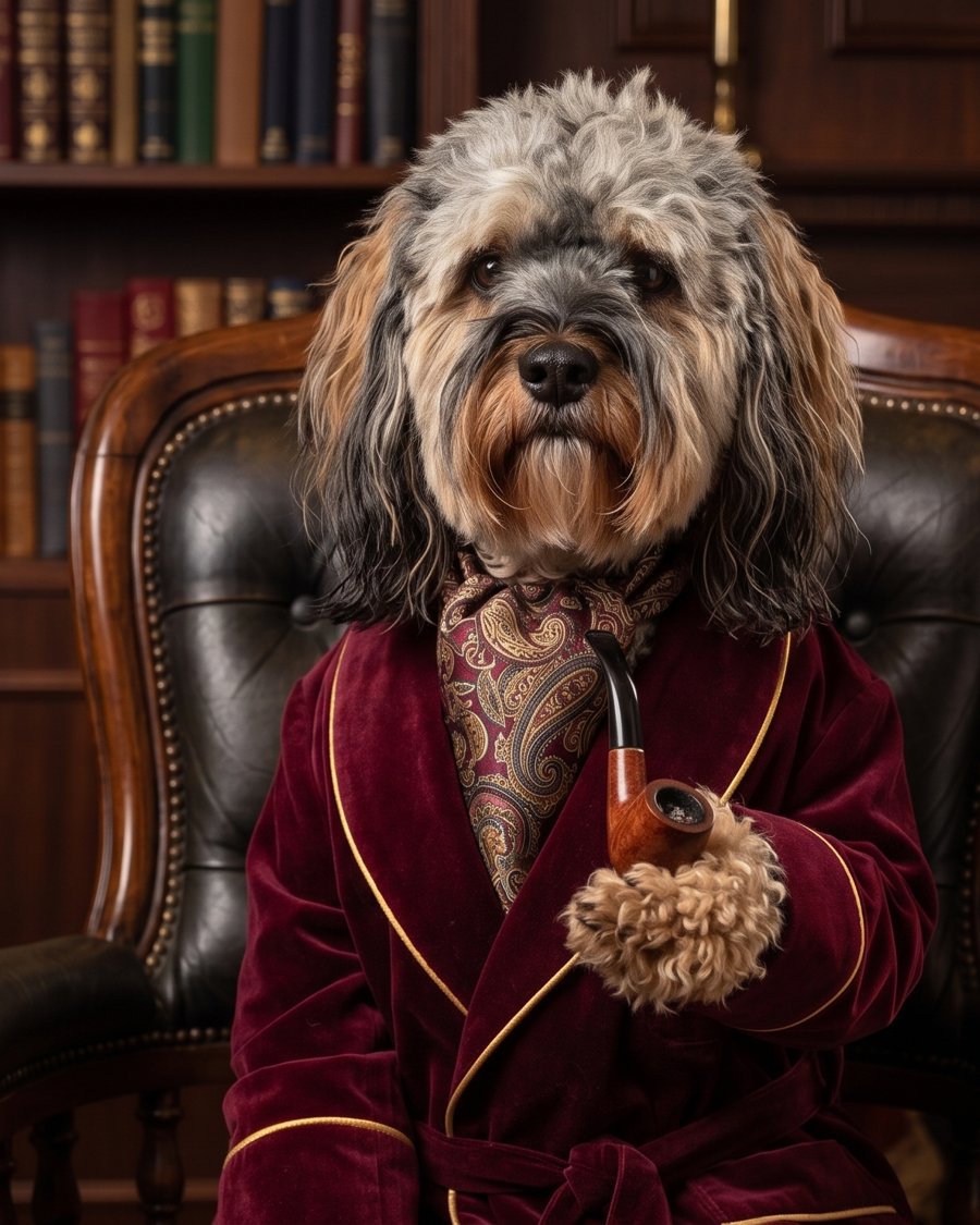 Bertie the Cavapoo in a velvet smoking jacket with a pipe, in his study