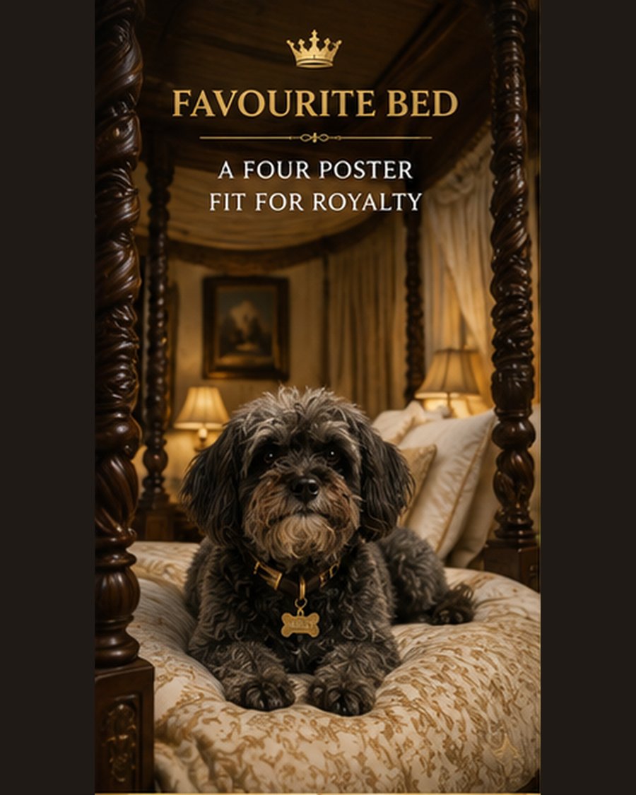 Marley lounging on a four-poster bed