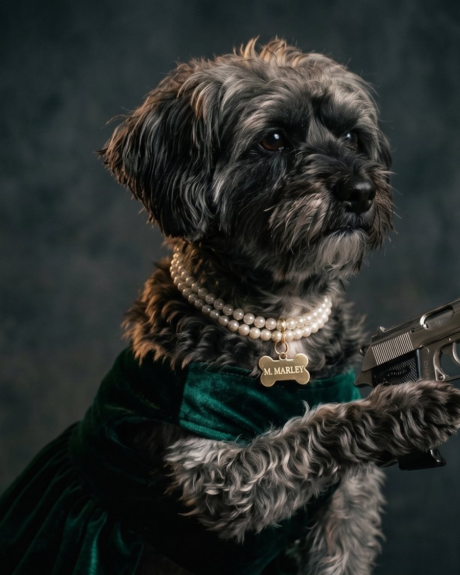 Marley the YorkiePoo in pearls, holding a pistol in a dramatic portrait