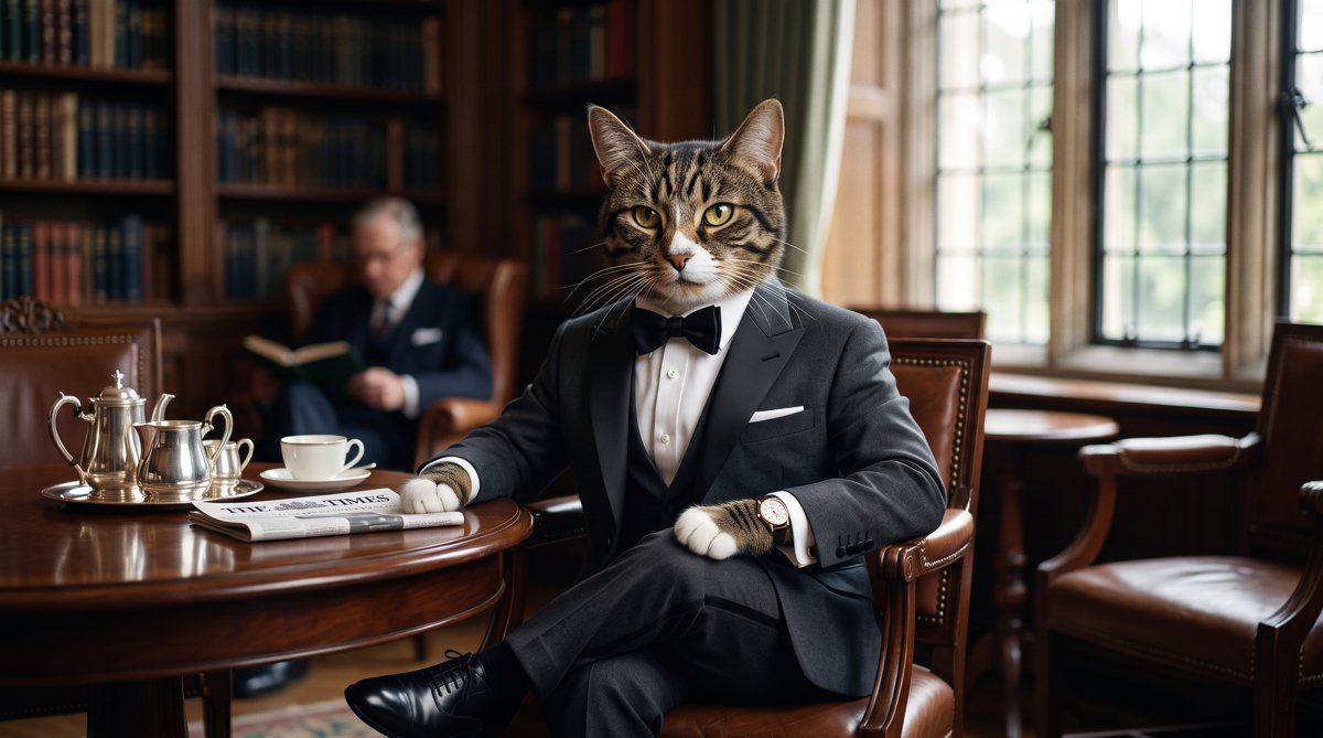 Oswald the cat in a dinner suit and bow tie, taking tea and reading The Times in a country house library