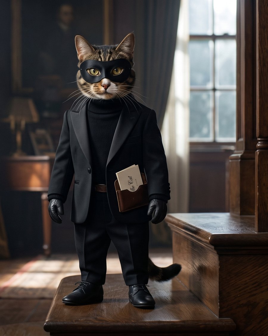 Oswald the cat, masked and dressed as a gentleman thief